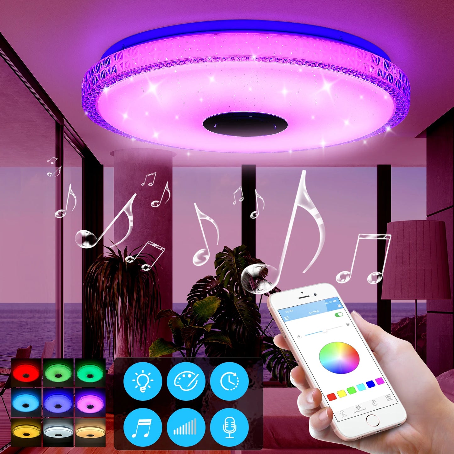 60W Crystal LED Ceiling Lamp with Bluetooth Speaker, RGB LED Crystal Starry Sky Lamp, for Bedroom, Living Room, Bathroom