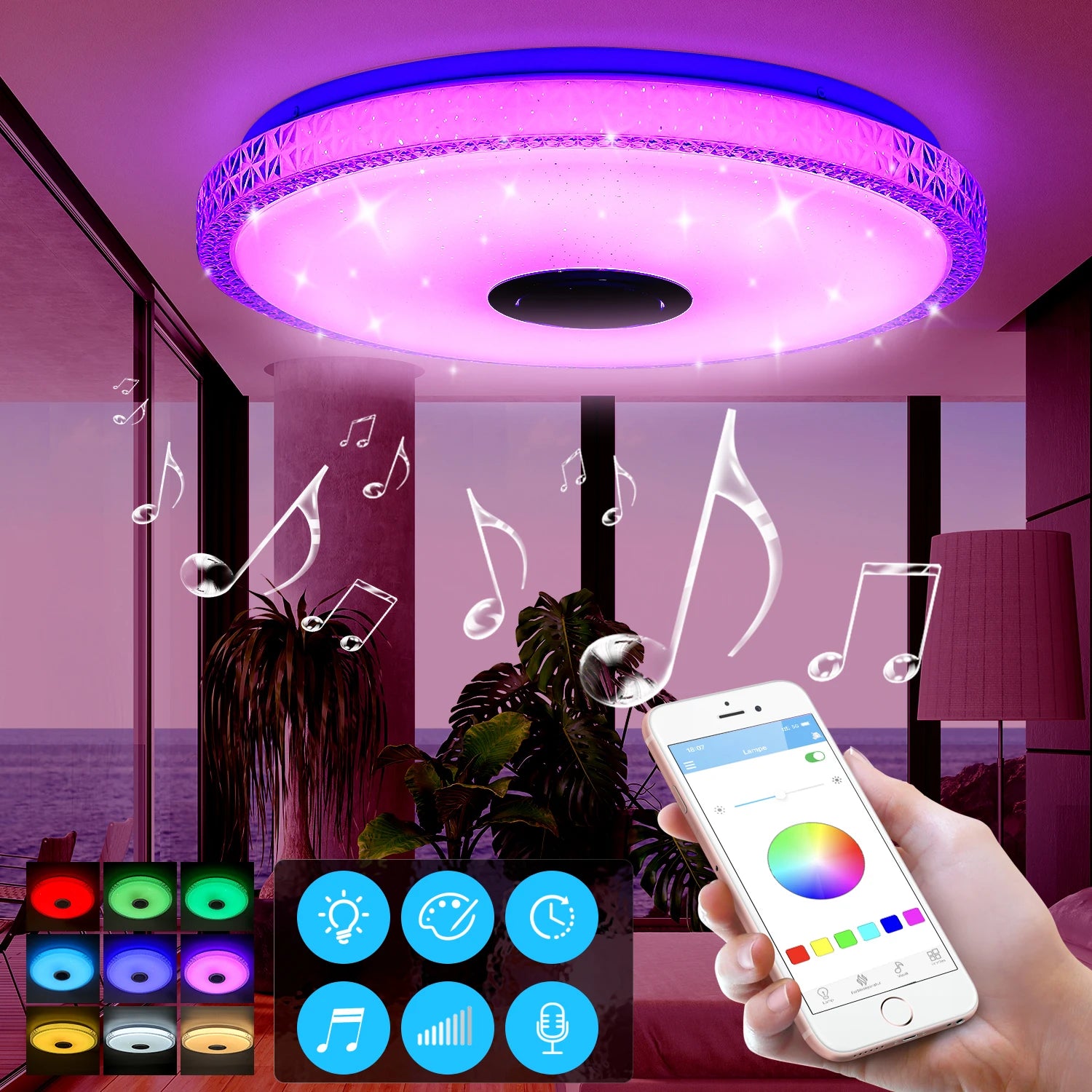 60W Crystal LED Ceiling Lamp with Bluetooth Speaker, RGB LED Crystal Starry Sky Lamp, for Bedroom, Living Room, Bathroom